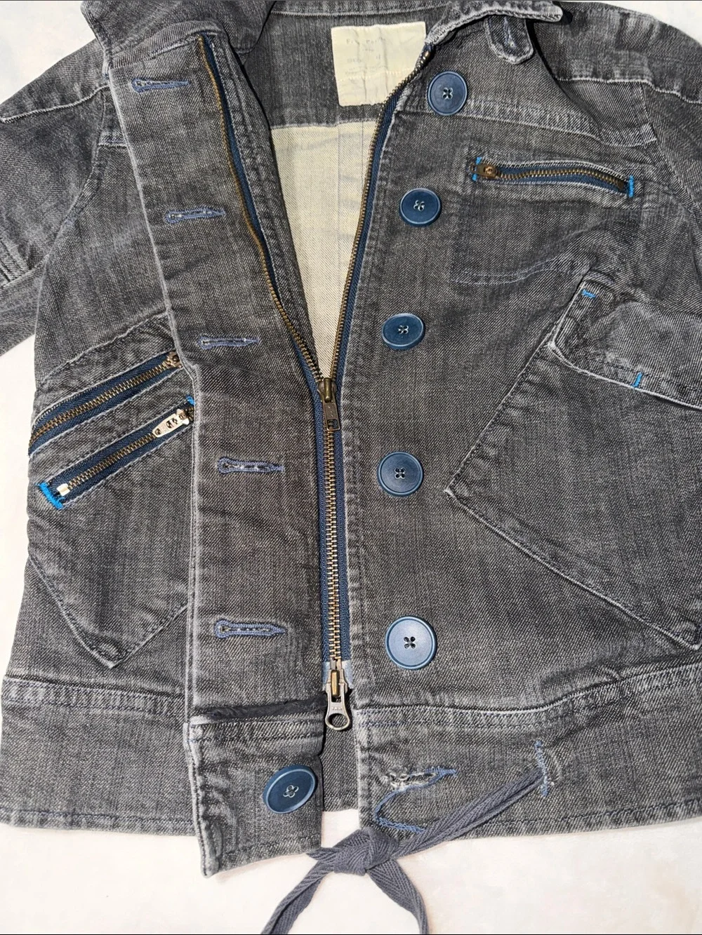 Free People Size 4 Y2K Grey Moto Denim Jacket Utility Zip Pockets Drawstring Hem